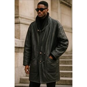 Men's Long Black Leather Shearling Coat  Vintage Double-Breasted Winter Jacket L